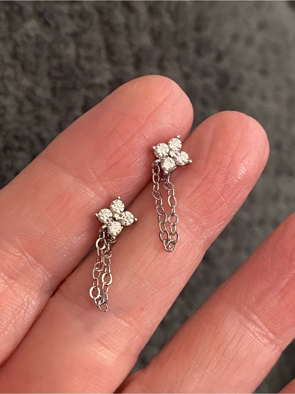 Delicate Silver Floral Drop Chain Earrings - White